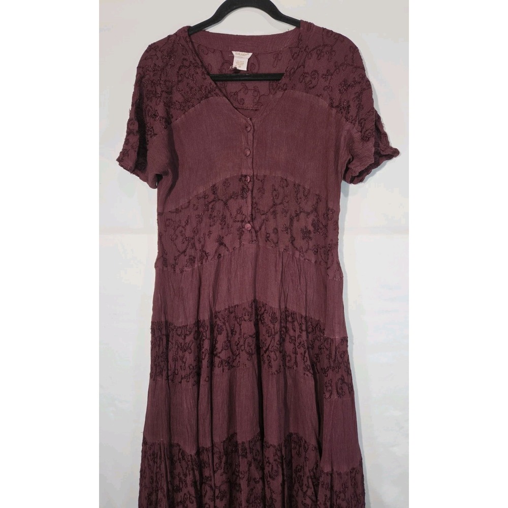 Ellen Ashley Midi Dress Medium Plum Boho Embroidered Tiered Crinkle Rayon